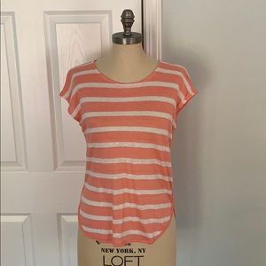 Athleta Women’s Linen Striped Top T-Shirt XS Coral White Cap Sleeve Round Hem